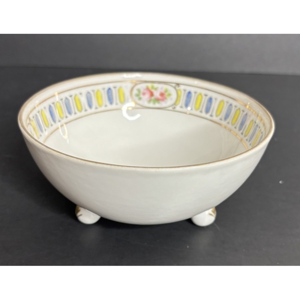 Nippon Footed Candy Bowl Pink Roses Gold Border Stripes Vintage Hand Painted